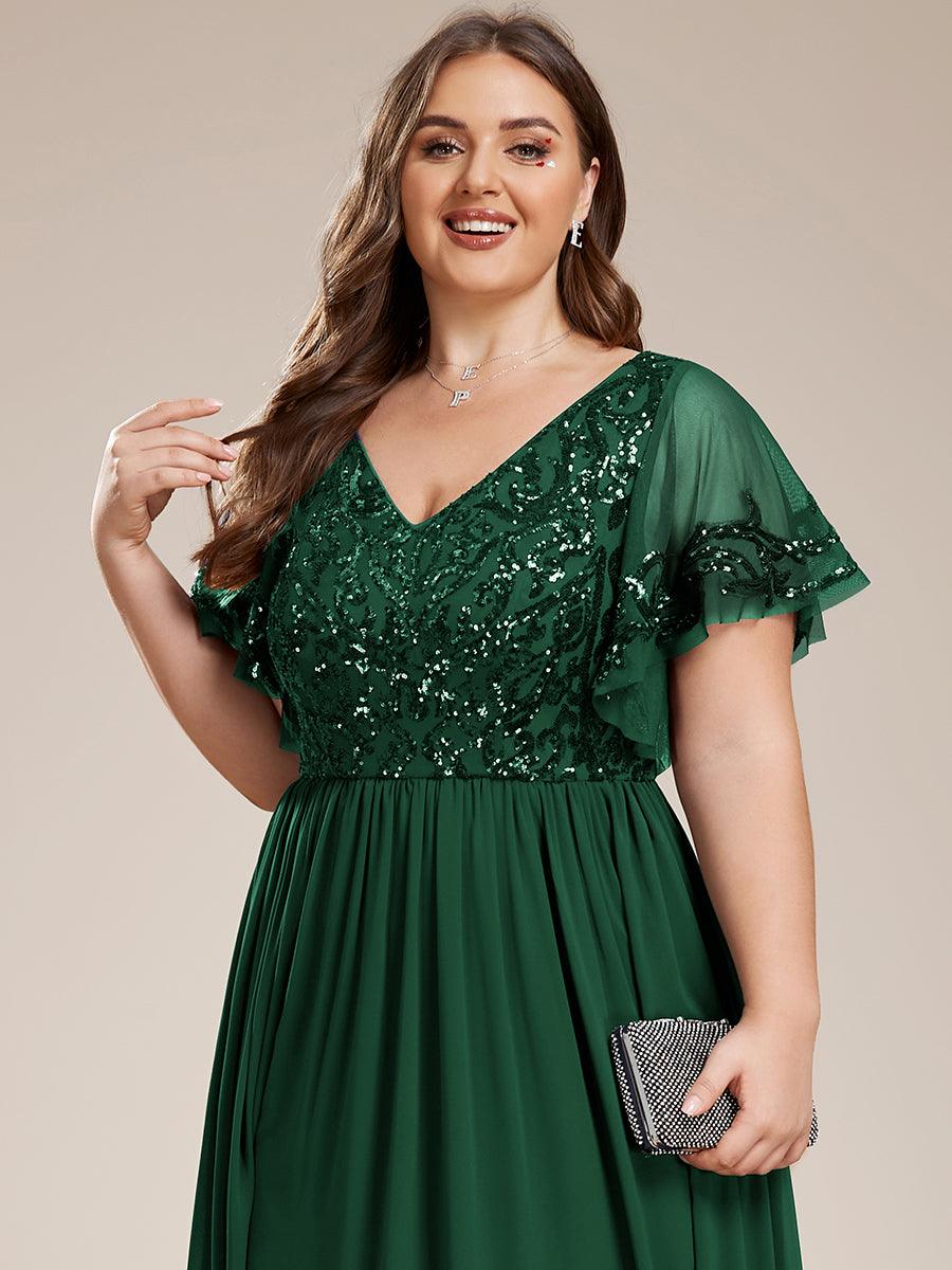 Robe Mère de la Mariée Col en V Manches Courtes Corsage à Paillettes Grande Taille #Couleur_Bordeaux Robe Mère de la Mariée Col en V Manches Courtes Corsage à Paillettes Grande Taille