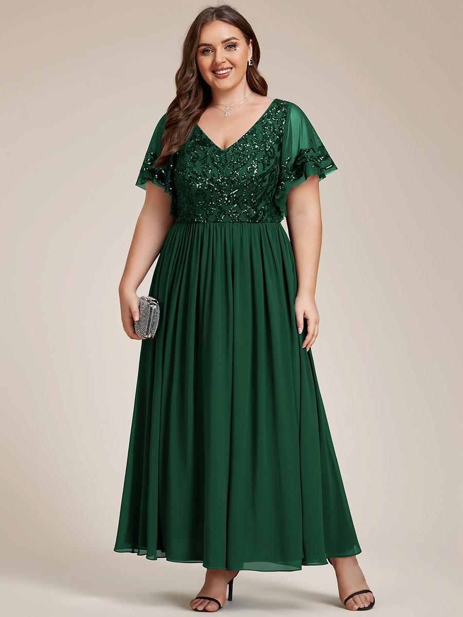 Robe Mère de la Mariée Col en V Manches Courtes Corsage à Paillettes Grande Taille #Couleur_Bordeaux Robe Mère de la Mariée Col en V Manches Courtes Corsage à Paillettes Grande Taille