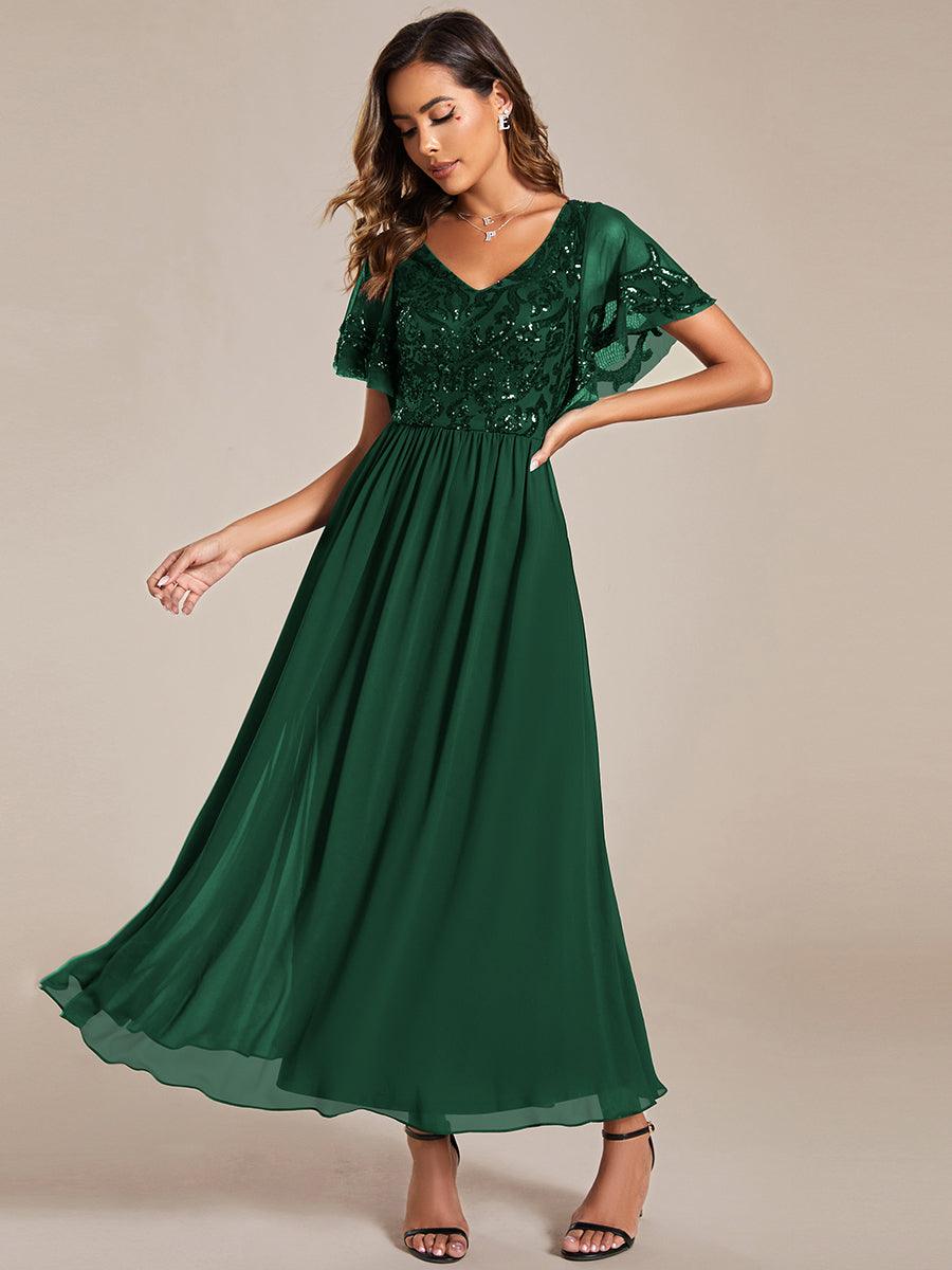 Robe Mère de la Mariée en mousseline à manches courtes et encolure en V #Couleur_Vert Fonce