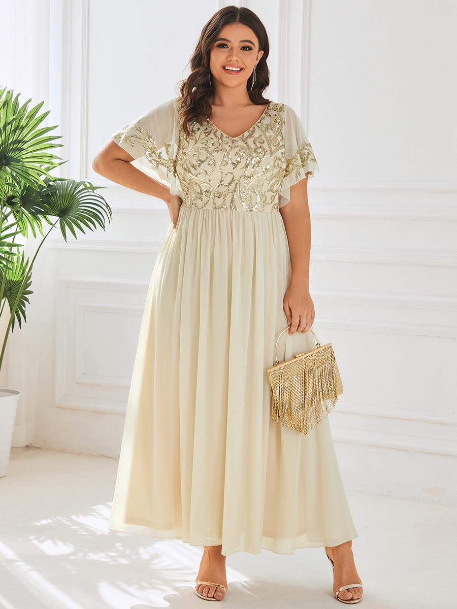 Robe Mère de la Mariée Col en V Manches Courtes Corsage à Paillettes Grande Taille #Couleur_Bordeaux Robe Mère de la Mariée Col en V Manches Courtes Corsage à Paillettes Grande Taille