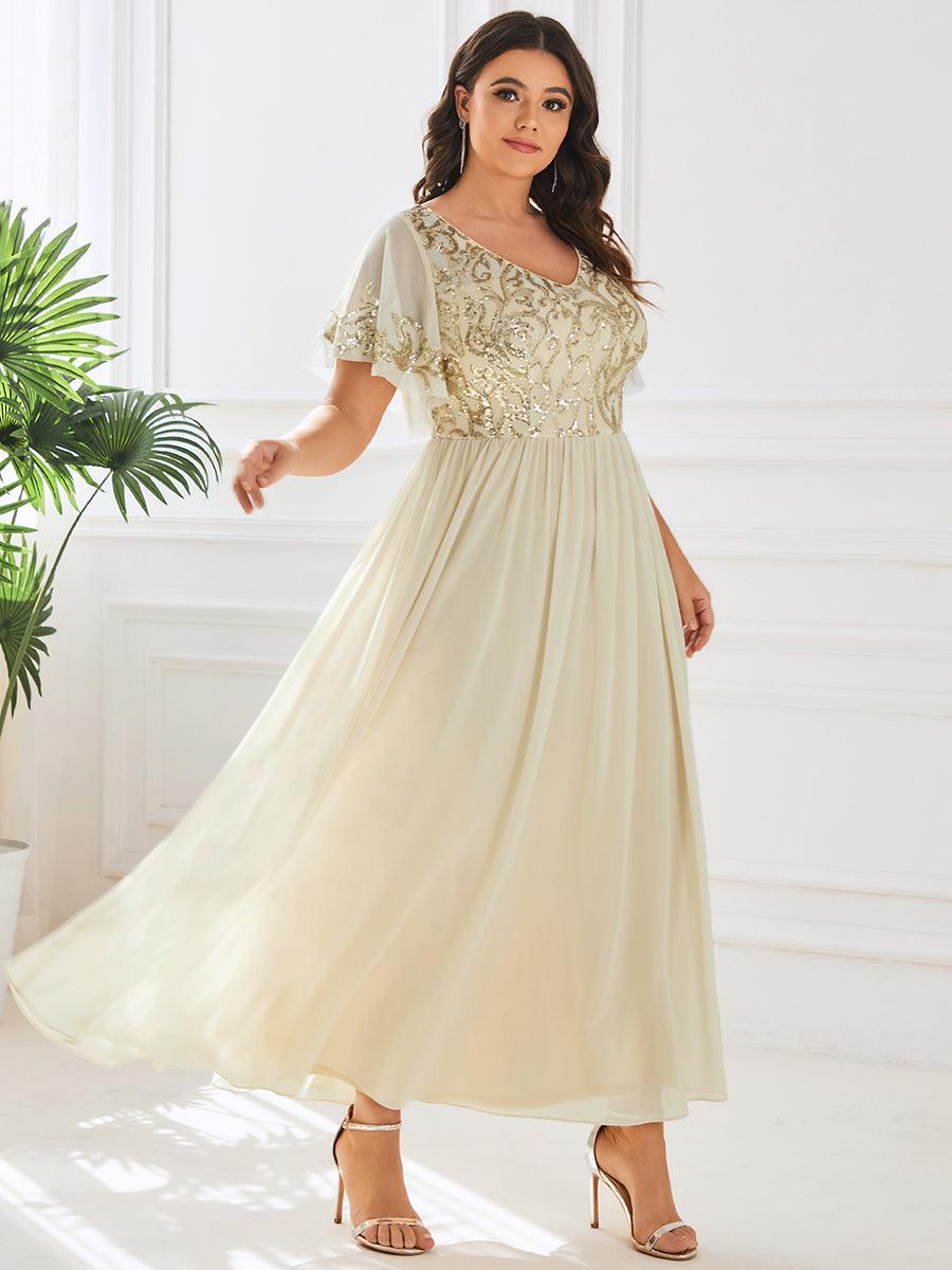 Robe Mère de la Mariée Col en V Manches Courtes Corsage à Paillettes Grande Taille #Couleur_Bordeaux Robe Mère de la Mariée Col en V Manches Courtes Corsage à Paillettes Grande Taille