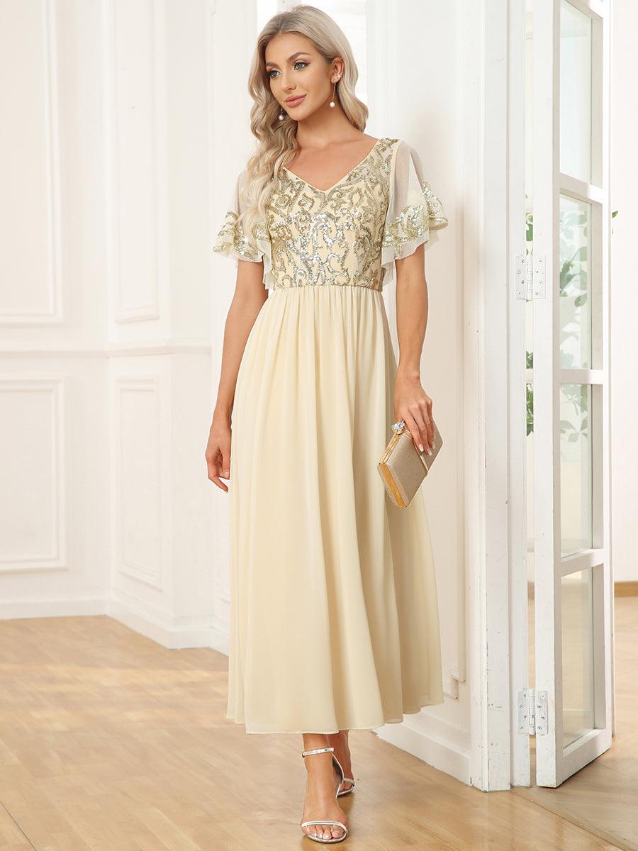Robe Mère de la Mariée en mousseline à manches courtes et encolure en V #Couleur_Bordeaux Robe Mère de la Mariée en mousseline à manches courtes et encolure en V