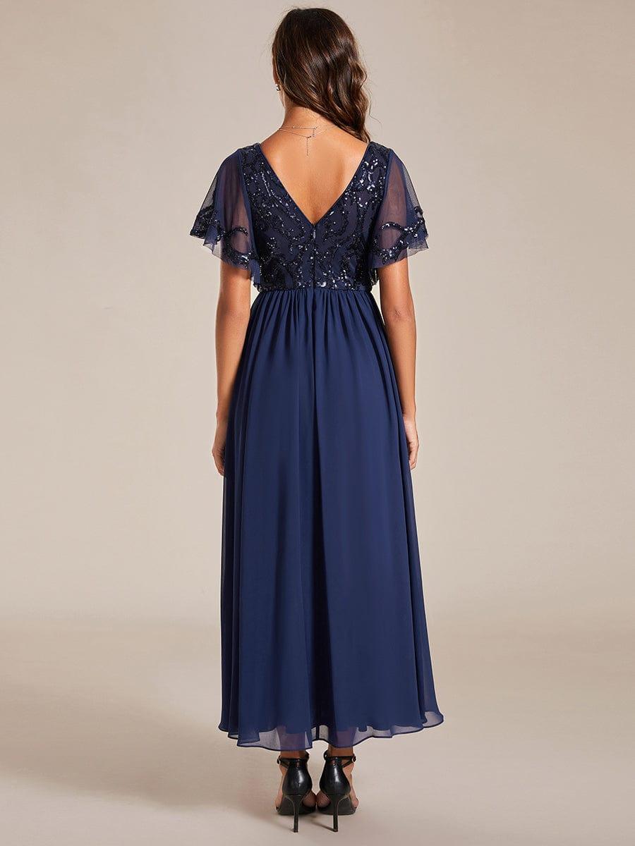 Robe Mère de la Mariée Col en V Manches Courtes Corsage à Paillettes Grande Taille #Couleur_Bleu Marine