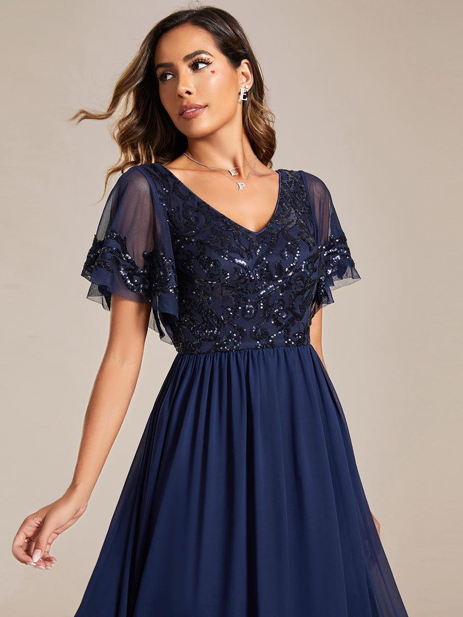 Robe Mère de la Mariée en mousseline à manches courtes et encolure en V #Couleur_Bordeaux Robe Mère de la Mariée en mousseline à manches courtes et encolure en V