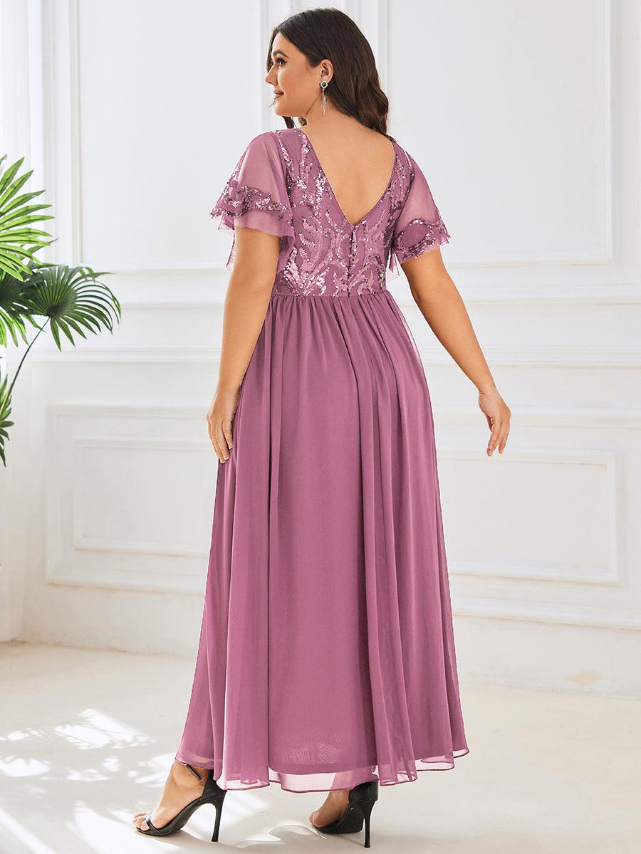Robe Mère de la Mariée en mousseline à manches courtes et encolure en V #Couleur_Bordeaux Robe Mère de la Mariée en mousseline à manches courtes et encolure en V