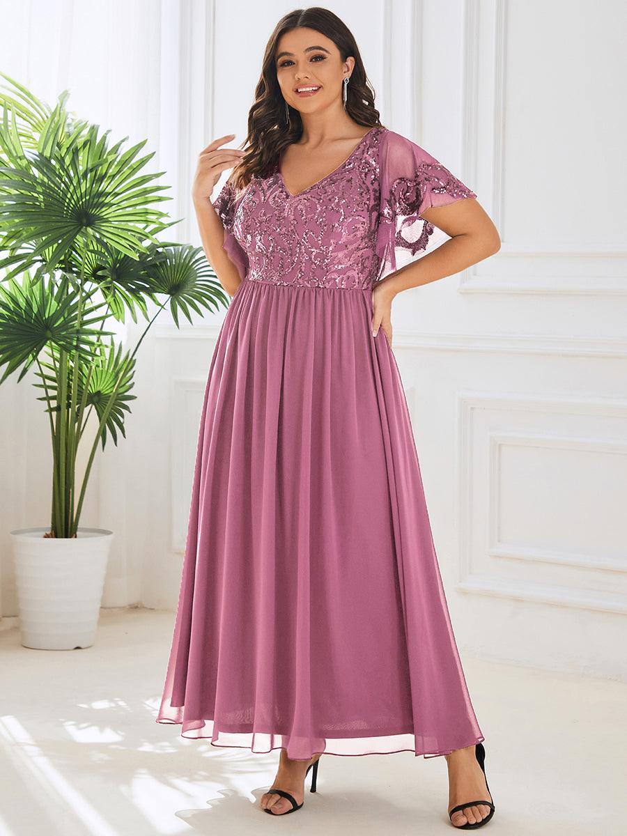 Robe Mère de la Mariée Col en V Manches Courtes Corsage à Paillettes Grande Taille #Couleur_Bordeaux Robe Mère de la Mariée Col en V Manches Courtes Corsage à Paillettes Grande Taille