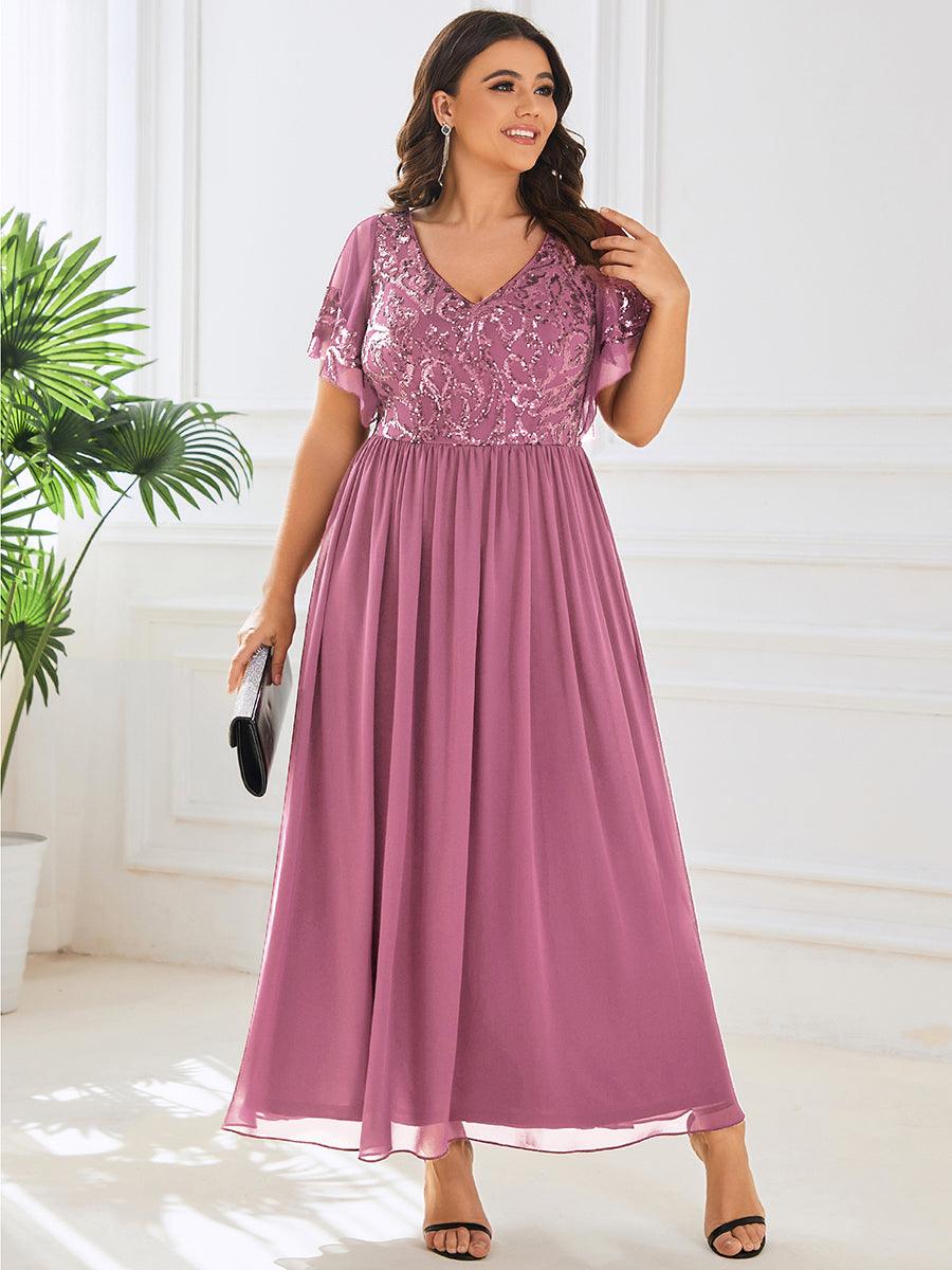 Robe Mère de la Mariée en mousseline à manches courtes et encolure en V #Couleur_Bordeaux Robe Mère de la Mariée en mousseline à manches courtes et encolure en V