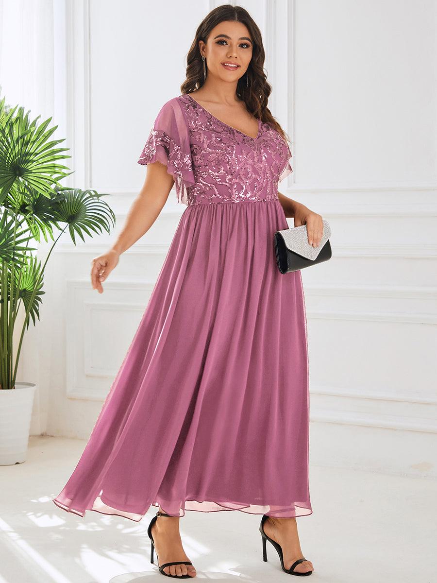 Robe Mère de la Mariée Col en V Manches Courtes Corsage à Paillettes Grande Taille #Couleur_Bordeaux Robe Mère de la Mariée Col en V Manches Courtes Corsage à Paillettes Grande Taille
