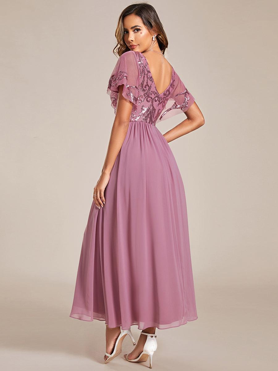 Robe Mère de la Mariée en mousseline à manches courtes et encolure en V #Couleur_Bordeaux Robe Mère de la Mariée en mousseline à manches courtes et encolure en V