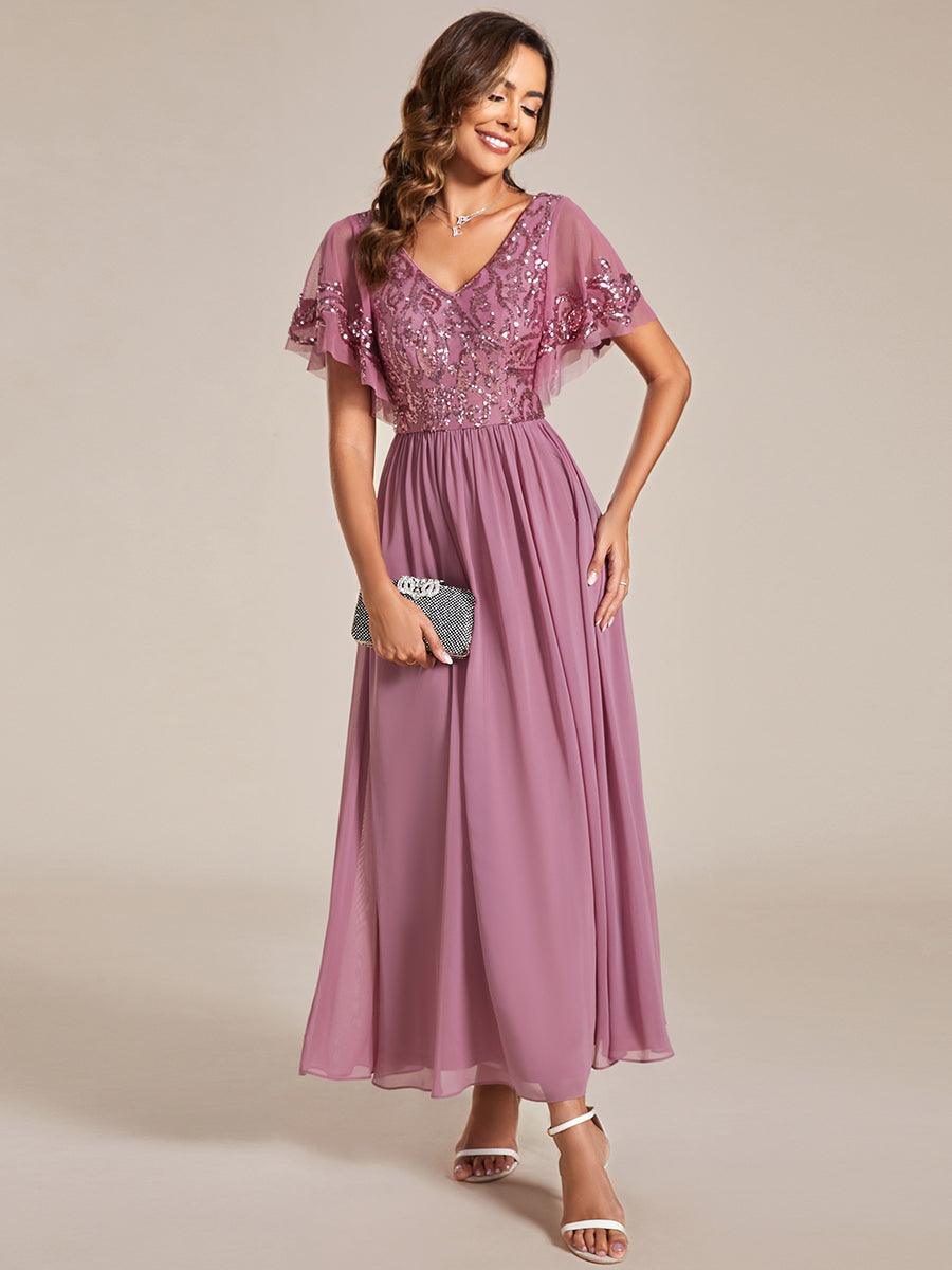 Robe Mère de la Mariée en mousseline à manches courtes et encolure en V #Couleur_Bordeaux Robe Mère de la Mariée en mousseline à manches courtes et encolure en V