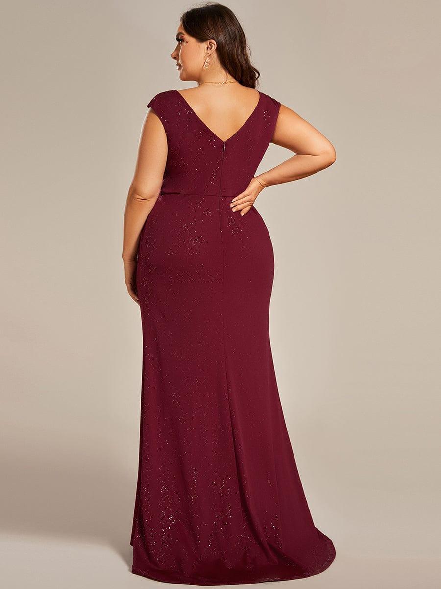 Robe mère de la mariée élégante col en V scintillant fendue grande taille #Couleur_Bordeaux Robe mère de la mariée élégante col en V scintillant fendue grande taille