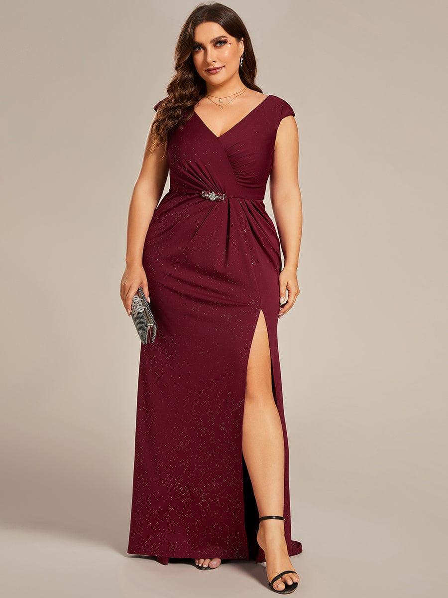 Robe mère de la mariée élégante col en V scintillant fendue grande taille #Couleur_Bordeaux Robe mère de la mariée élégante col en V scintillant fendue grande taille