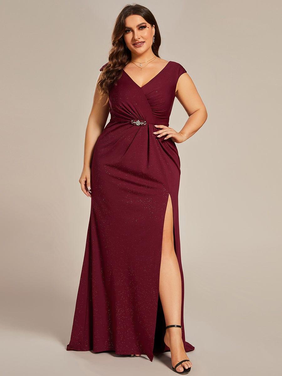 Robe mère de la mariée élégante col en V scintillant fendue grande taille #Couleur_Bordeaux Robe mère de la mariée élégante col en V scintillant fendue grande taille