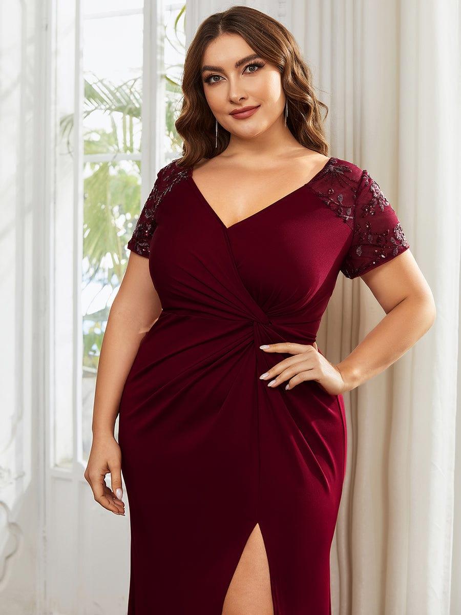 Robe Mère de la mariée Manches courtes Encolure V profonde Fente Grande Taille #Couleur_Noir Robe Mère de la mariée Manches courtes Encolure V profonde Fente Grande Taille