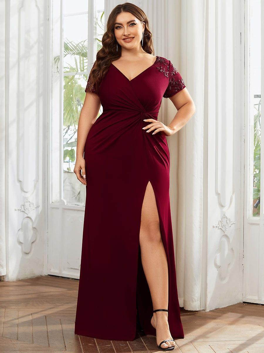 Robe Mère de la mariée Manches courtes Encolure V profonde Fente Grande Taille #Couleur_Noir Robe Mère de la mariée Manches courtes Encolure V profonde Fente Grande Taille