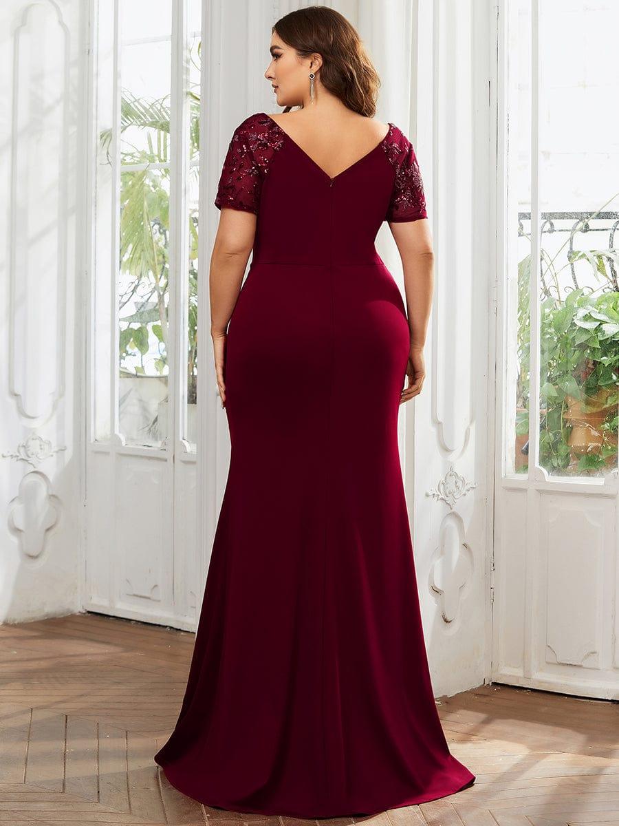 Robe Mère de la mariée Manches courtes Encolure V profonde Fente sur le devant #Couleur_Bleu Marine Robe Mère de la mariée Manches courtes Encolure V profonde Fente sur le devant