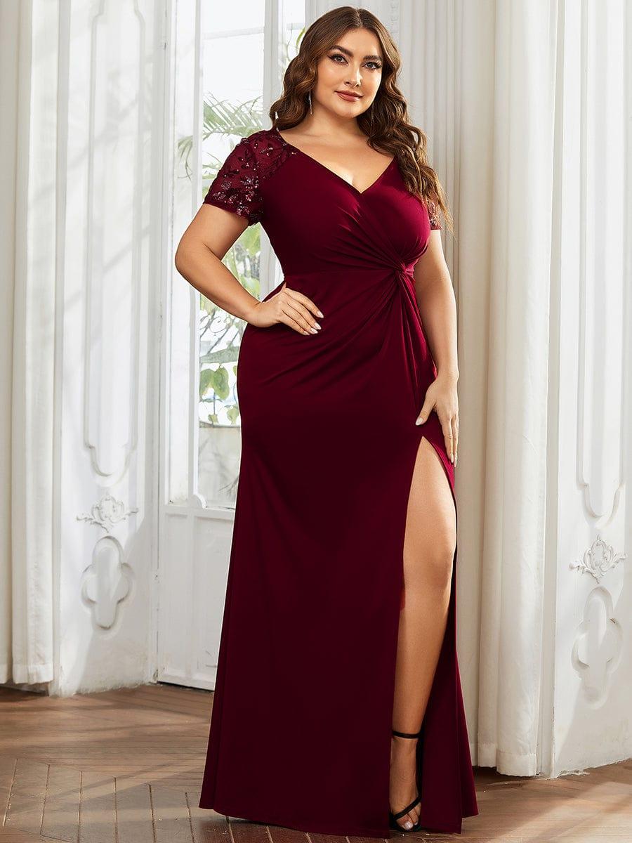Robe Mère de la mariée Manches courtes Encolure V profonde Fente Grande Taille #Couleur_Noir Robe Mère de la mariée Manches courtes Encolure V profonde Fente Grande Taille