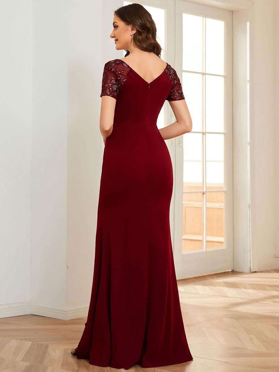 Robe Mère de la mariée Manches courtes Encolure V profonde Fente sur le devant #Couleur_Bleu Marine Robe Mère de la mariée Manches courtes Encolure V profonde Fente sur le devant