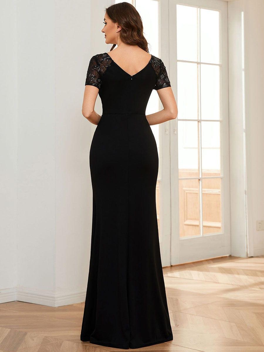 Robe Mère de la mariée Manches courtes Encolure V profonde Fente sur le devant #Couleur_Bleu Marine Robe Mère de la mariée Manches courtes Encolure V profonde Fente sur le devant