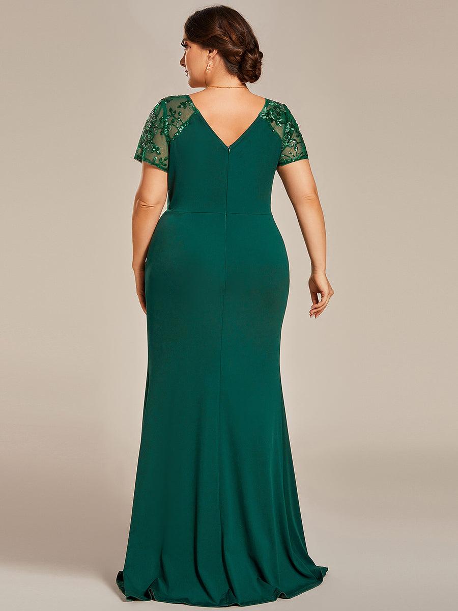 Robe Mère de la mariée Manches courtes Encolure V profonde Fente sur le devant #Couleur_Bleu Marine Robe Mère de la mariée Manches courtes Encolure V profonde Fente sur le devant