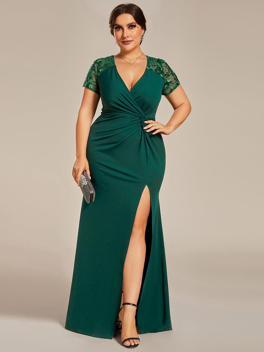 Robe Mère de la mariée Manches courtes Encolure V profonde Fente Grande Taille #Couleur_Noir Robe Mère de la mariée Manches courtes Encolure V profonde Fente Grande Taille
