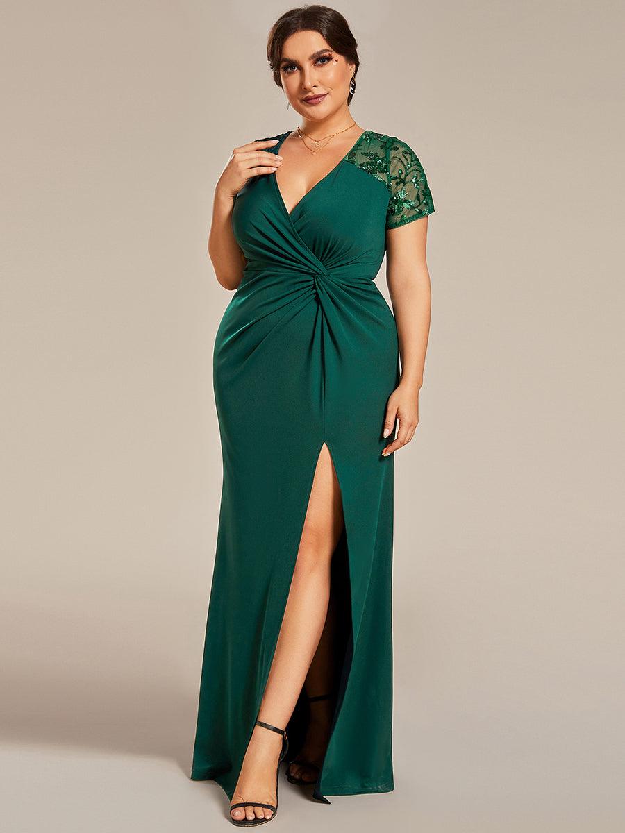 Robe Mère de la mariée Manches courtes Encolure V profonde Fente Grande Taille #Couleur_Noir Robe Mère de la mariée Manches courtes Encolure V profonde Fente Grande Taille