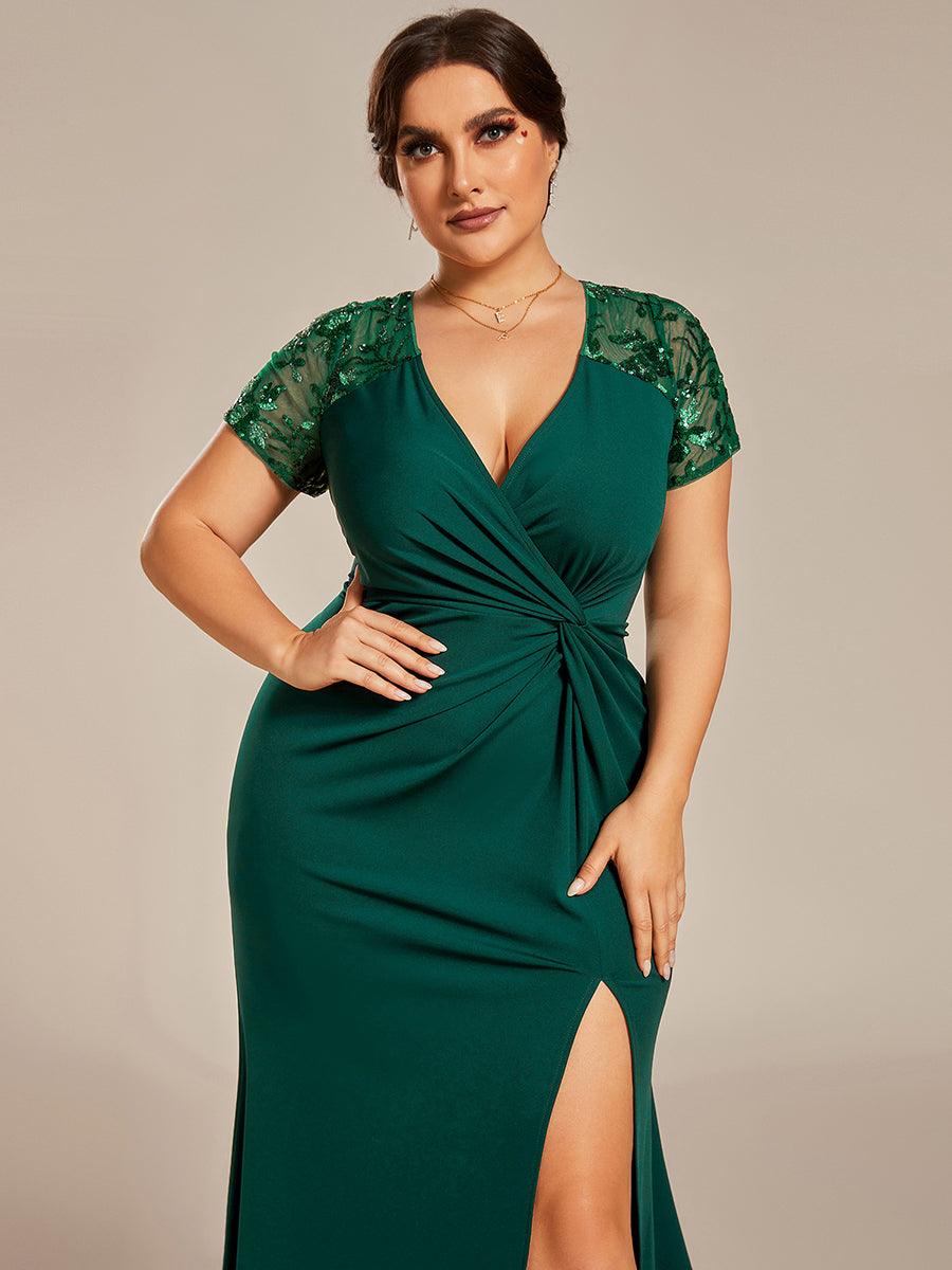 Robe Mère de la mariée Manches courtes Encolure V profonde Fente Grande Taille #Couleur_Noir Robe Mère de la mariée Manches courtes Encolure V profonde Fente Grande Taille