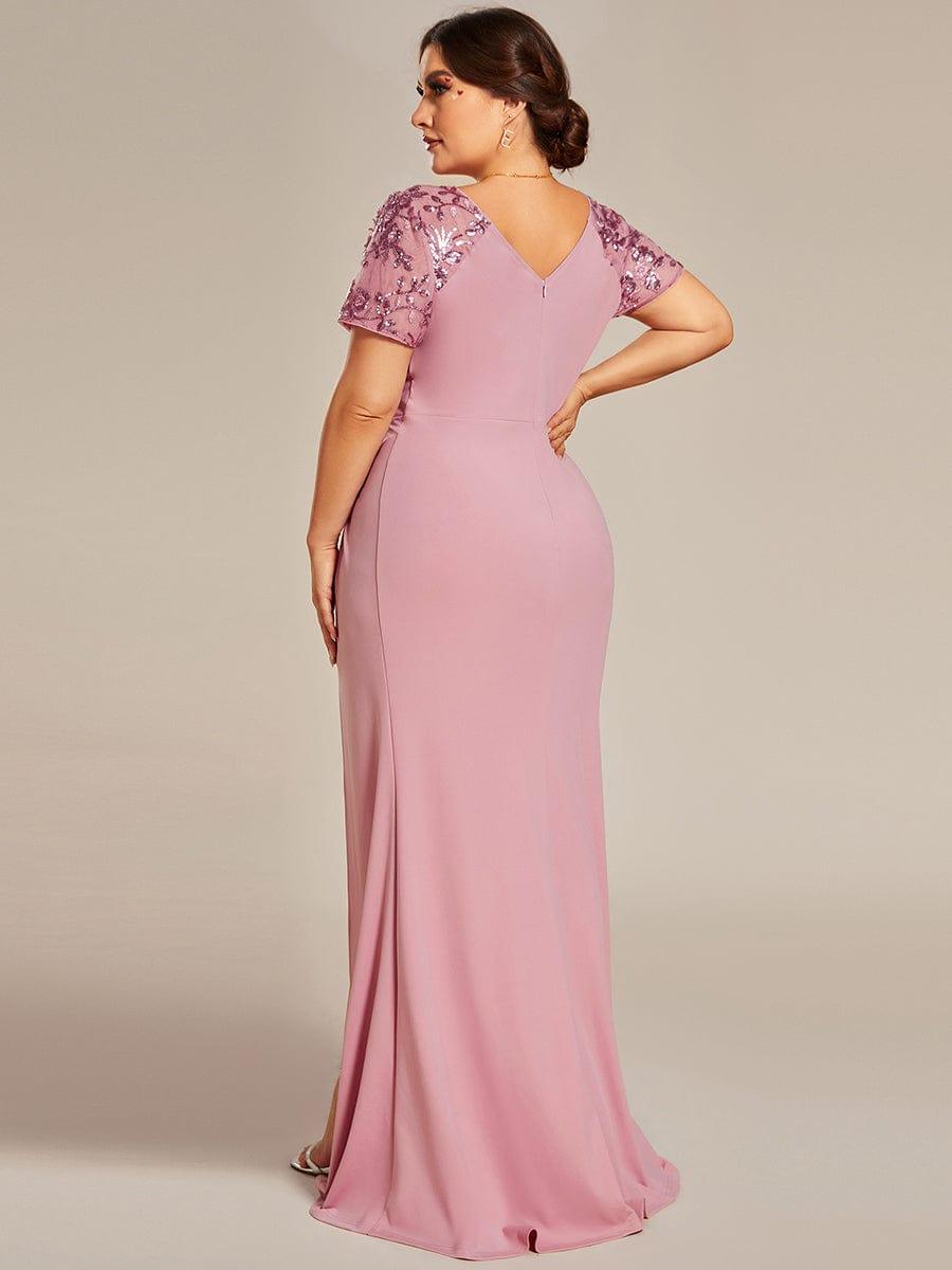 Robe Mère de la mariée Manches courtes Encolure V profonde Fente sur le devant #Couleur_Bleu Marine Robe Mère de la mariée Manches courtes Encolure V profonde Fente sur le devant