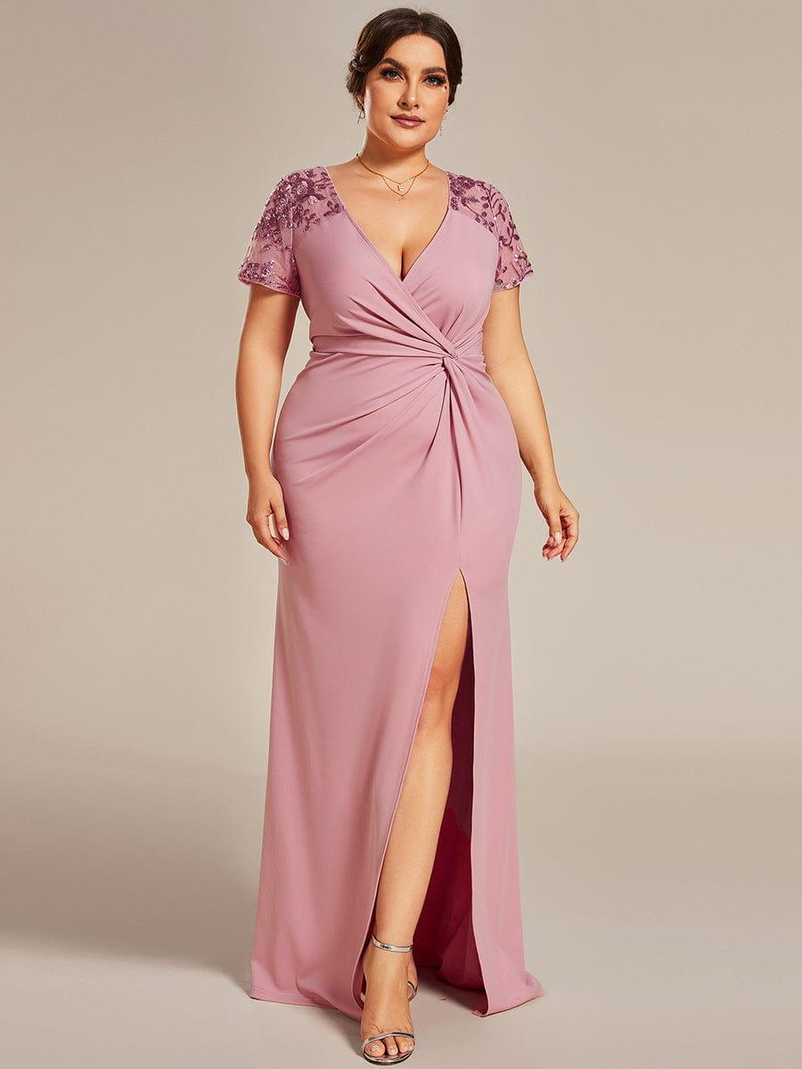 Robe Mère de la mariée Manches courtes Encolure V profonde Fente Grande Taille #Couleur_Noir Robe Mère de la mariée Manches courtes Encolure V profonde Fente Grande Taille