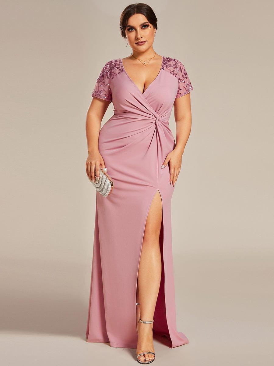 Robe Mère de la mariée Manches courtes Encolure V profonde Fente Grande Taille #Couleur_Noir Robe Mère de la mariée Manches courtes Encolure V profonde Fente Grande Taille
