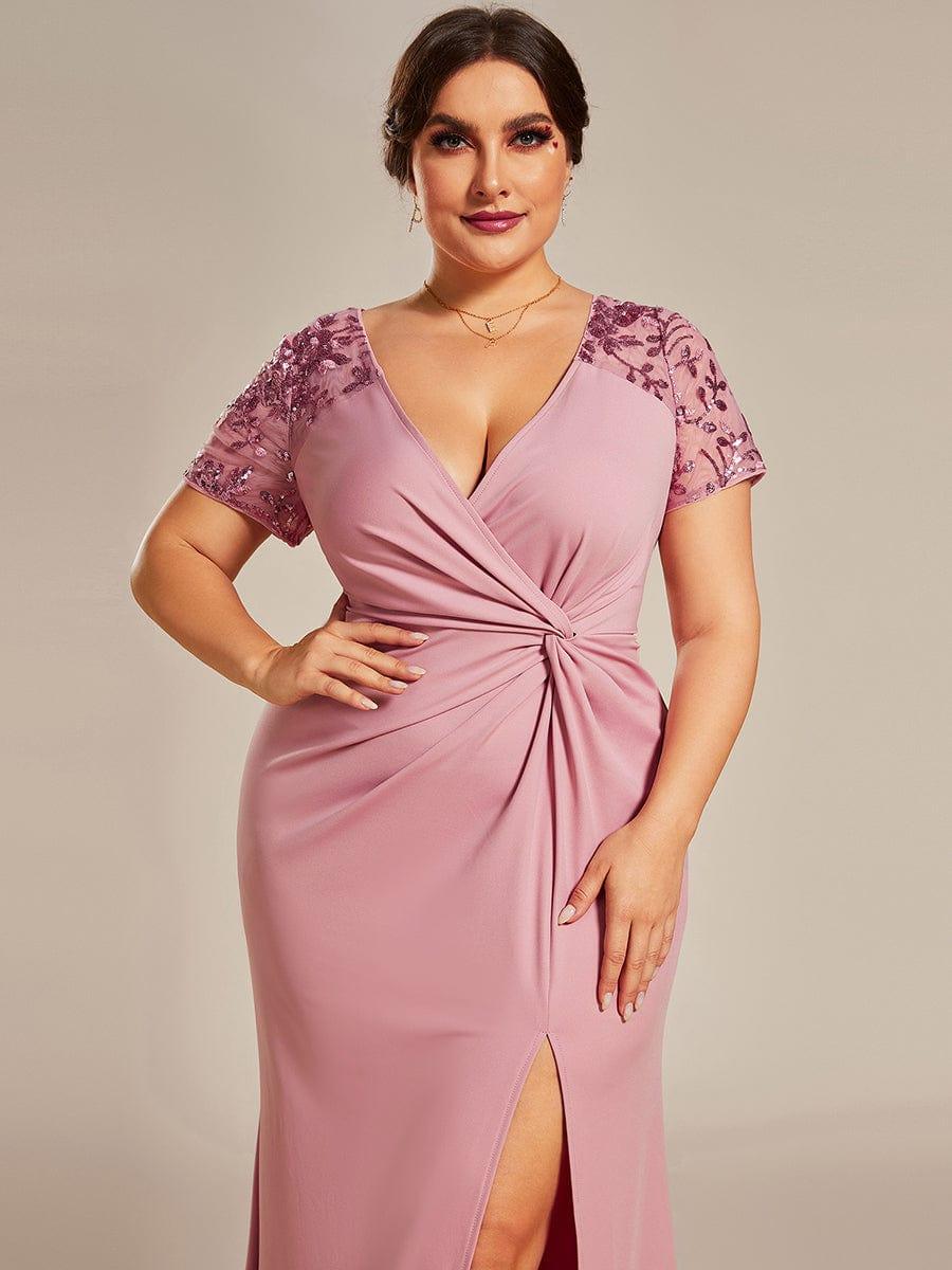 Robe Mère de la mariée Manches courtes Encolure V profonde Fente Grande Taille #Couleur_Noir Robe Mère de la mariée Manches courtes Encolure V profonde Fente Grande Taille