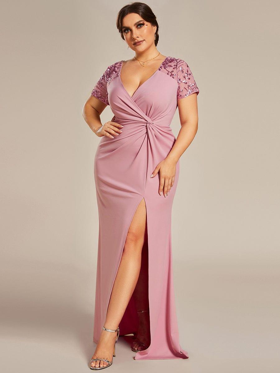 Robe Mère de la mariée Manches courtes Encolure V profonde Fente Grande Taille #Couleur_Noir Robe Mère de la mariée Manches courtes Encolure V profonde Fente Grande Taille
