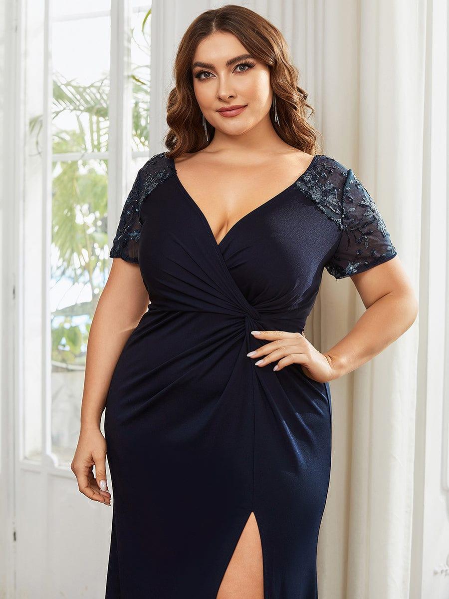 Robe Mère de la mariée Manches courtes Encolure V profonde Fente sur le devant #Couleur_Bleu Marine Robe Mère de la mariée Manches courtes Encolure V profonde Fente sur le devant