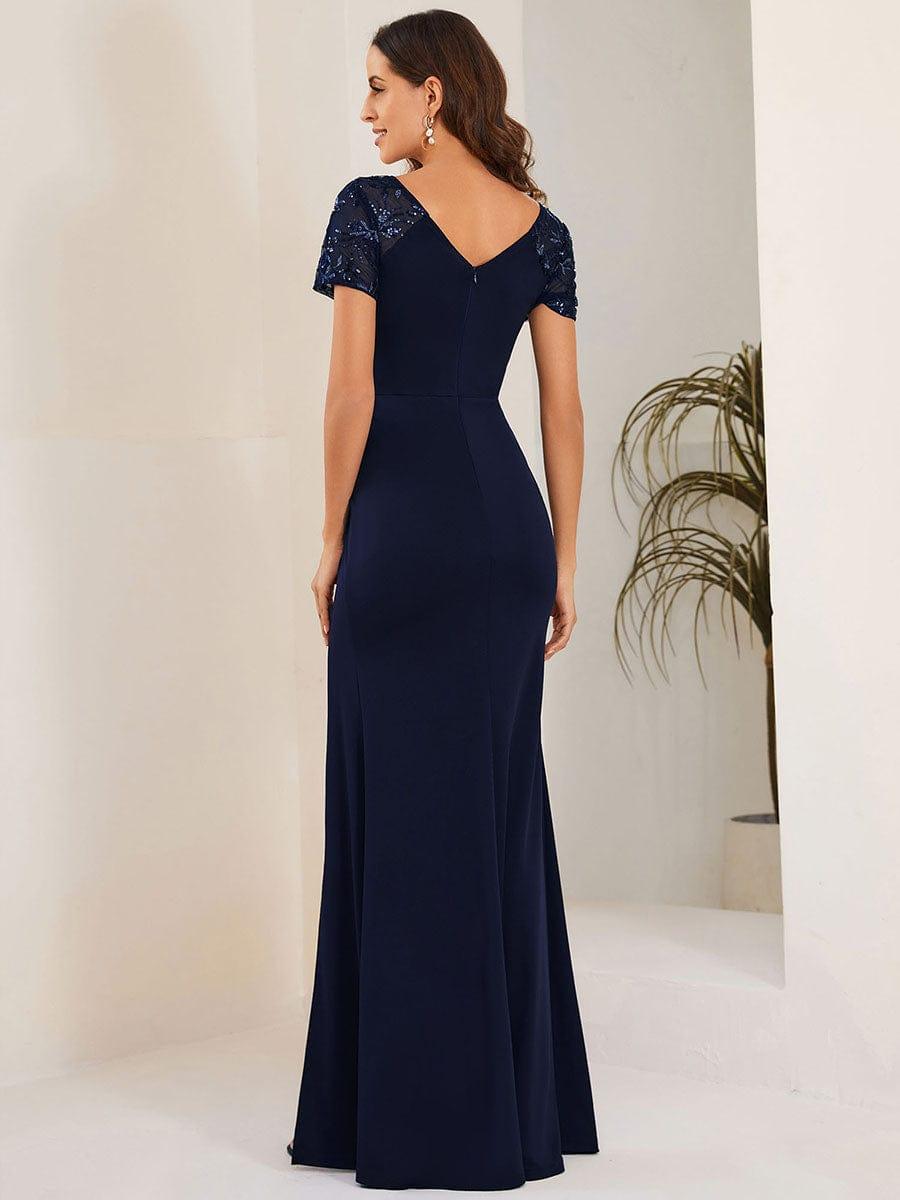Robe Mère de la mariée Manches courtes Encolure V profonde Fente sur le devant #Couleur_Bleu Marine Robe Mère de la mariée Manches courtes Encolure V profonde Fente sur le devant