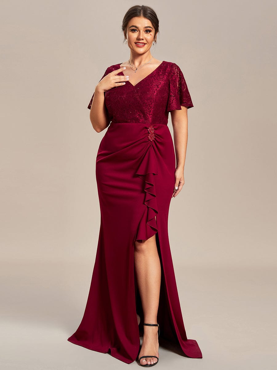 Robe Mère de Mariée Moulante en Dentelle avec Ourlet Feuille de Lotus de Grande Taille #Couleur_Bleu Marine Robe Mère de Mariée Moulante en Dentelle avec Ourlet Feuille de Lotus de Grande Taille