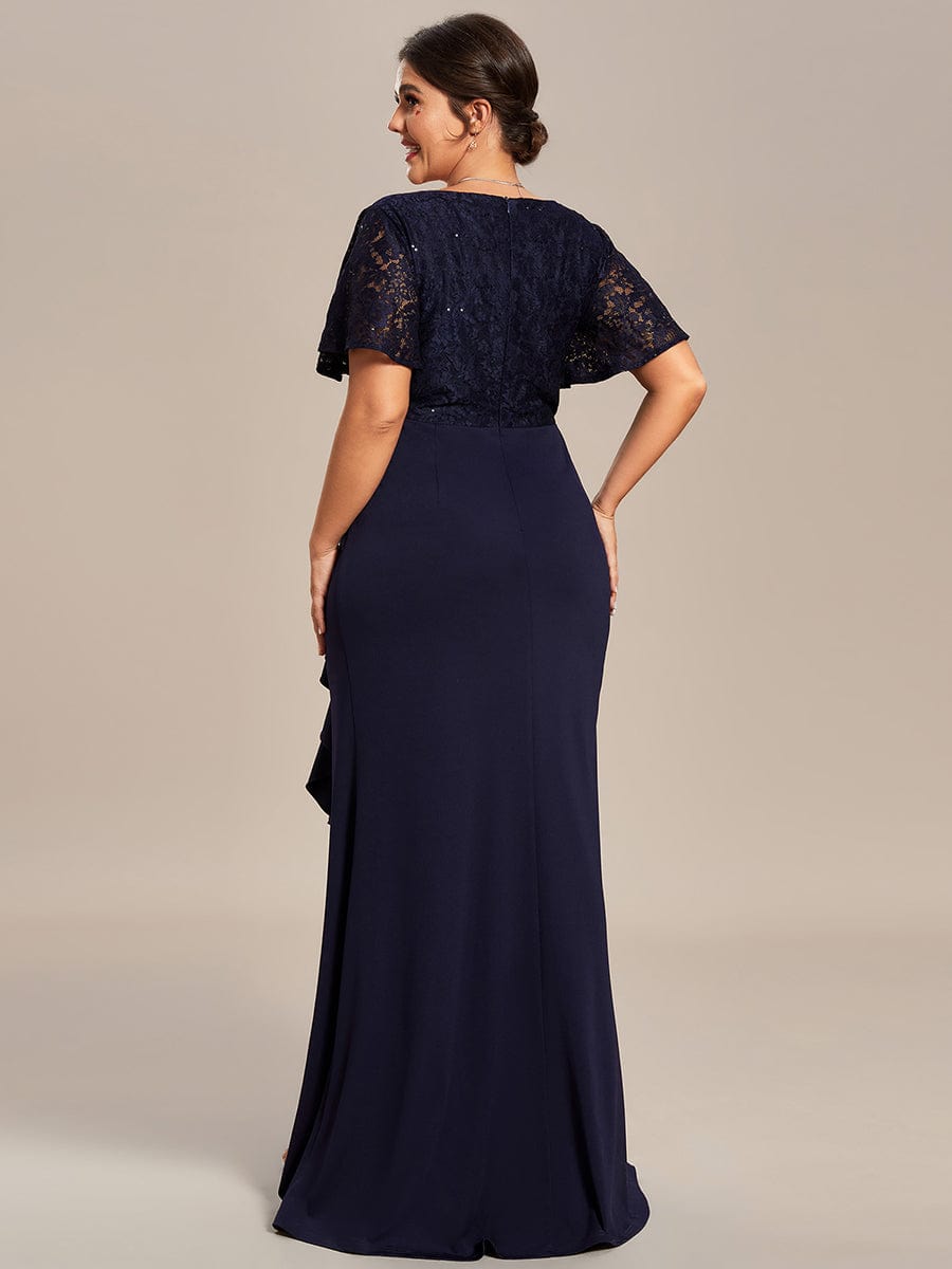 Robe Mère de Mariée Moulante en Dentelle avec Ourlet Feuille de Lotus de Grande Taille #Couleur_Bleu Marine Robe Mère de Mariée Moulante en Dentelle avec Ourlet Feuille de Lotus de Grande Taille