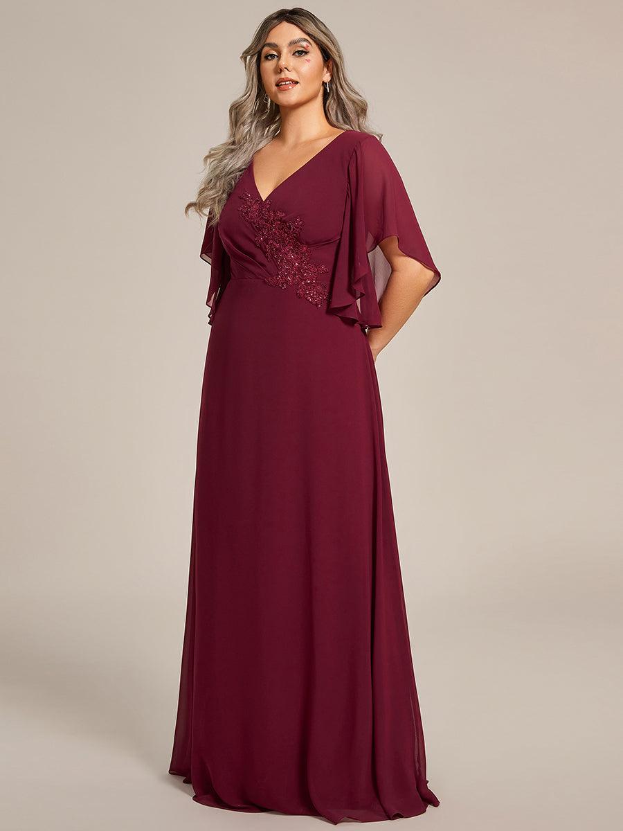 Robe de mère de la mariée en mousseline gracieuse ligne a manches à volants avec appliques grande taille #Couleur_Bordeaux