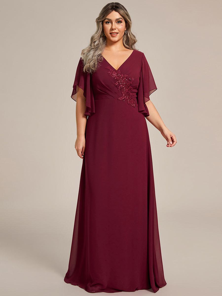 Robe de mère de la mariée en mousseline gracieuse ligne a manches à volants avec appliques grande taille #Couleur_Bordeaux