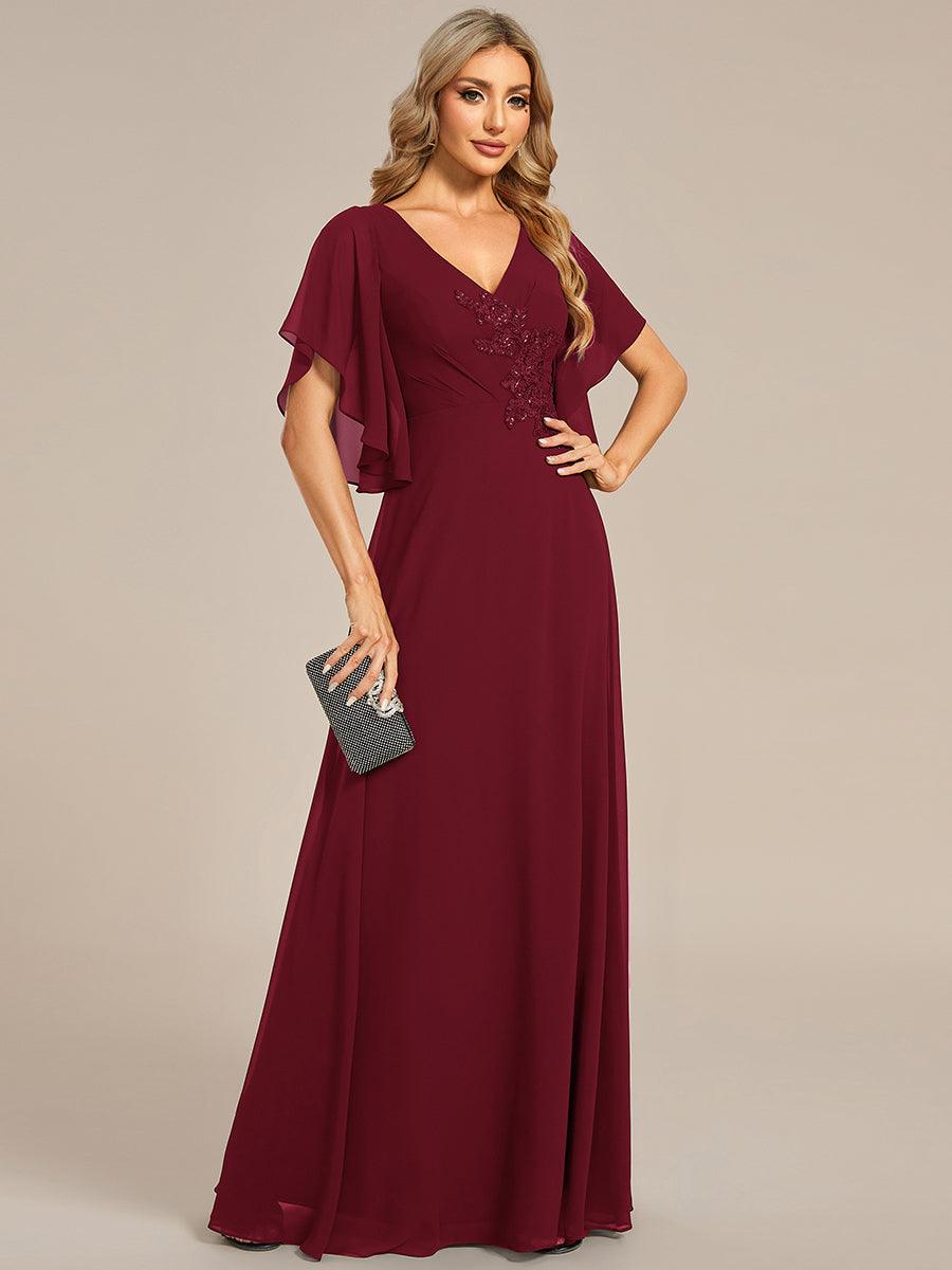 Robe mère de la mariée en mousseline de soie demi-manches décoration appliquée haut#Couleur_Bordeaux