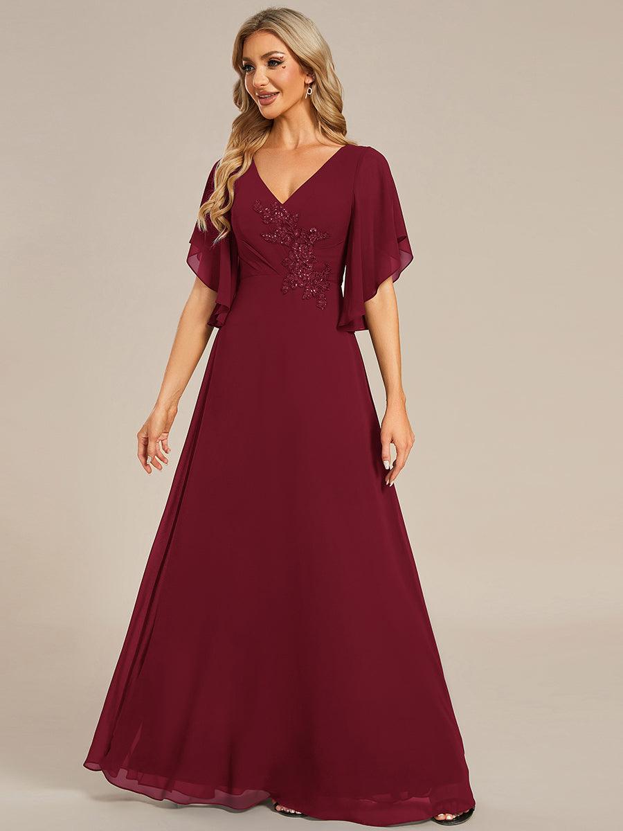 Robe mère de la mariée en mousseline de soie demi-manches décoration appliquée haut#Couleur_Bordeaux