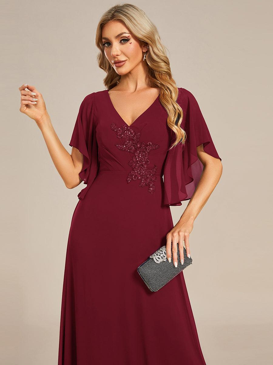 Robe mère de la mariée en mousseline de soie demi-manches décoration appliquée haut#Couleur_Bordeaux