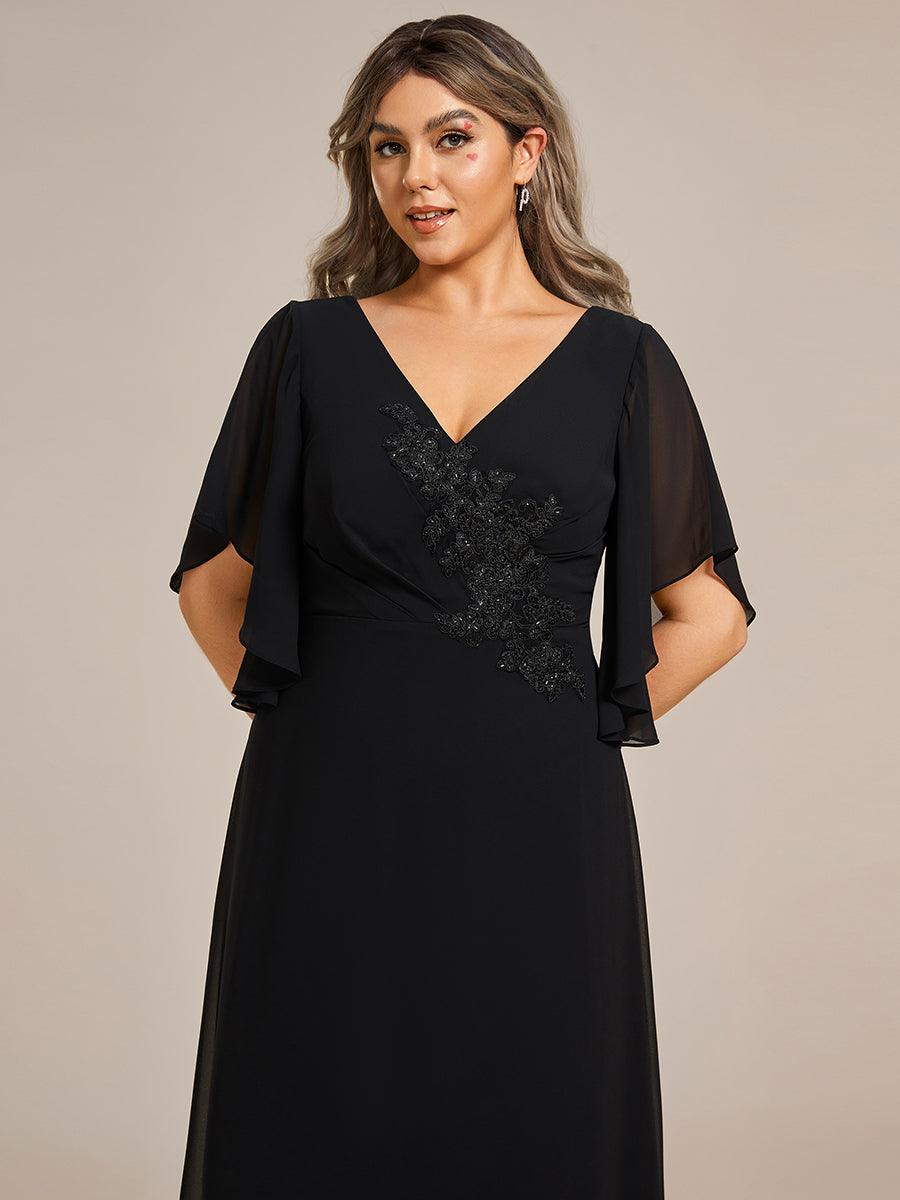 Robe de mère de la mariée en mousseline gracieuse ligne a manches à volants avec appliques grande taille #Couleur_Noir