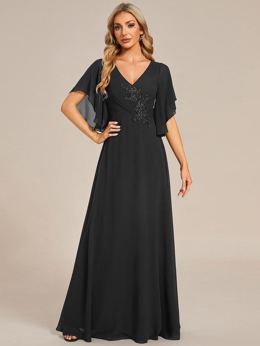 Robe mère de la mariée en mousseline de soie demi-manches décoration appliquée haut#Couleur_Noir