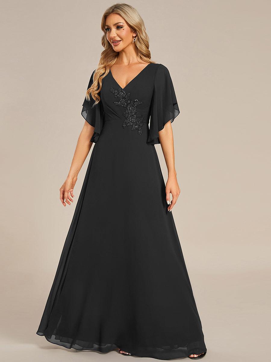 Robe mère de la mariée en mousseline de soie demi-manches décoration appliquée haut#Couleur_Noir