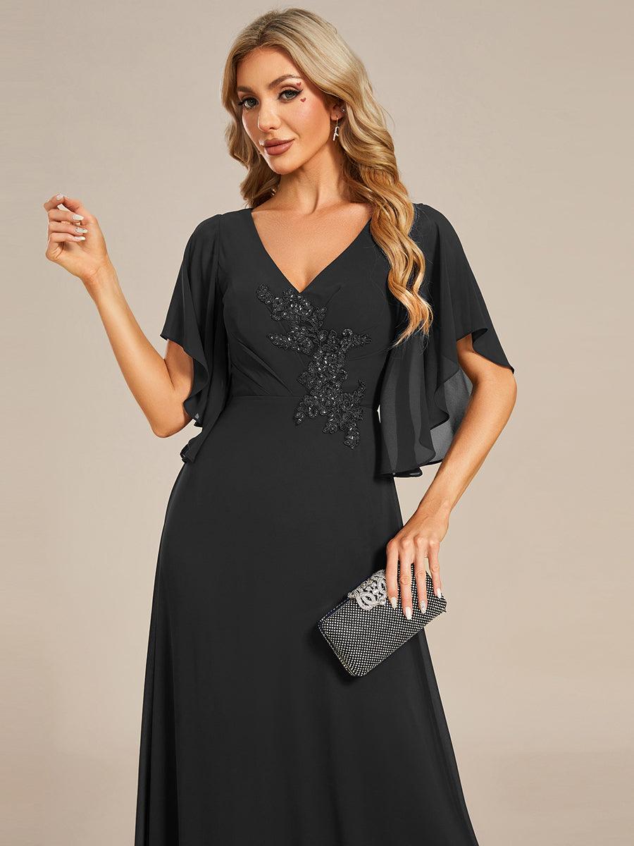 Robe mère de la mariée en mousseline de soie demi-manches décoration appliquée haut#Couleur_Noir