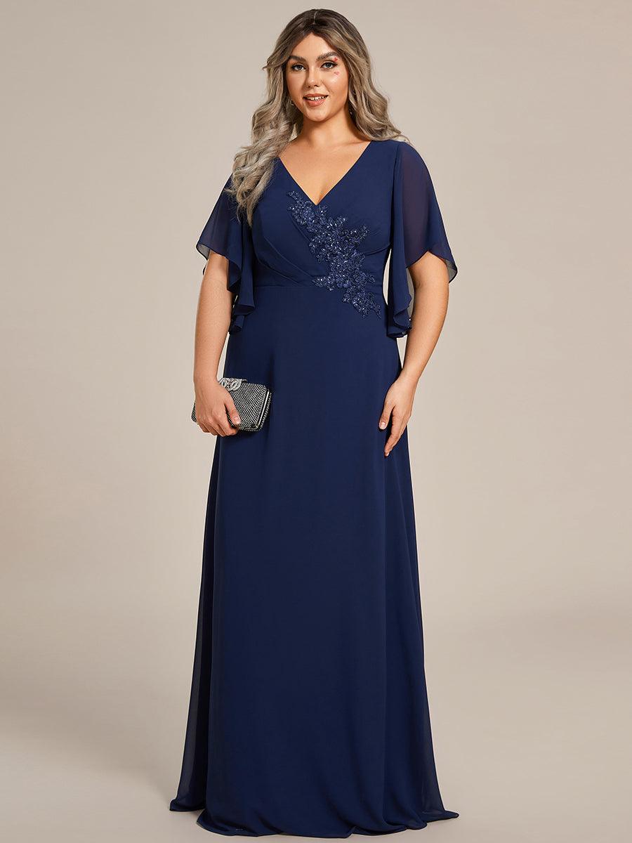 Robe de mère de la mariée en mousseline gracieuse ligne a manches à volants avec appliques grande taille #Couleur_Bleu Marine