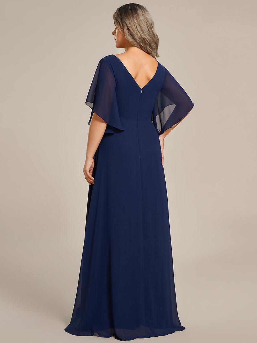 Robe de mère de la mariée en mousseline gracieuse ligne a manches à volants avec appliques grande taille #Couleur_Bleu Marine