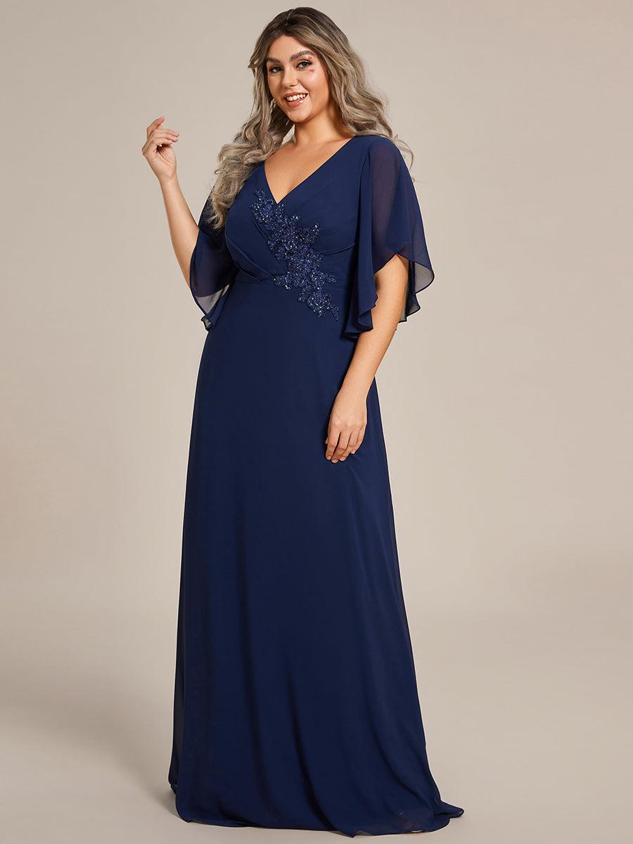 Robe de mère de la mariée en mousseline gracieuse ligne a manches à volants avec appliques grande taille #Couleur_Bleu Marine