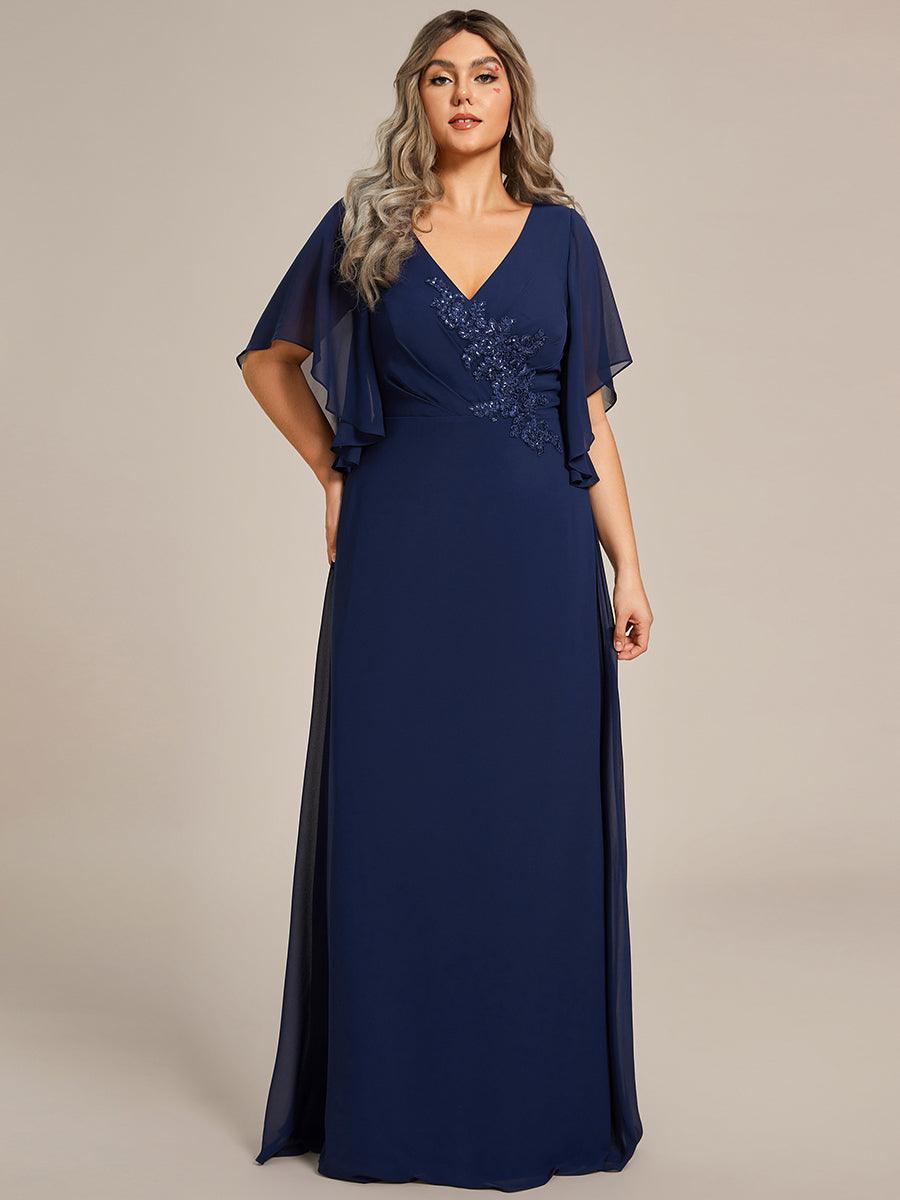 Robe de mère de la mariée en mousseline gracieuse ligne a manches à volants avec appliques grande taille #Couleur_Bleu Marine