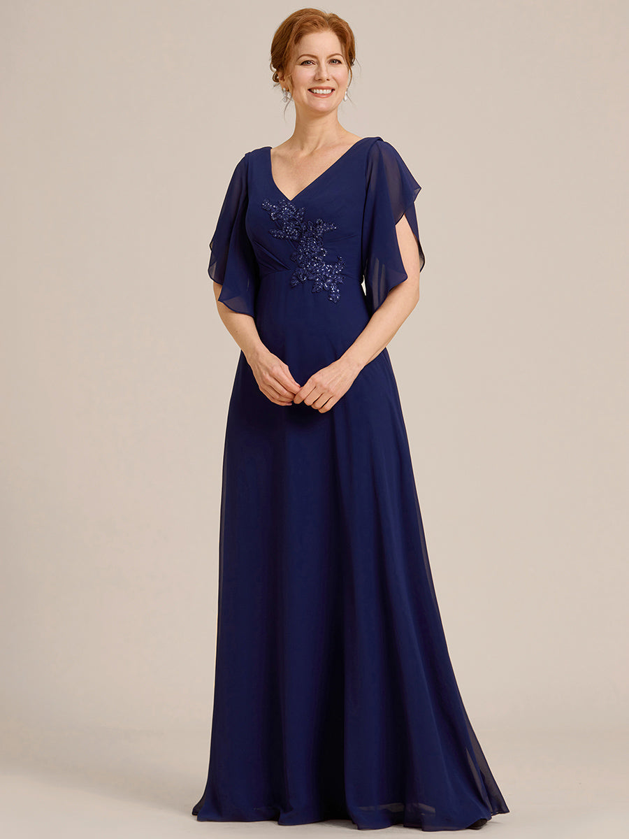 Robe mère de la mariée en mousseline de soie demi-manches décoration appliquée haut#Couleur_Bleu Marine
